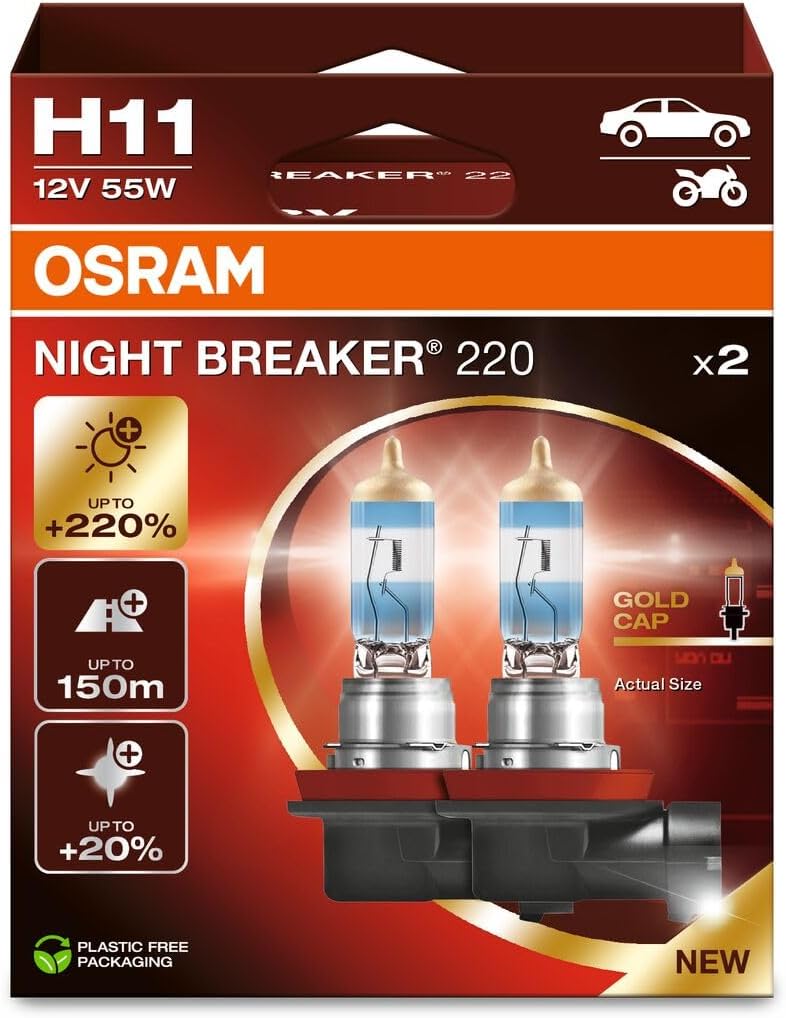 OSRAM نايت بريكر 220، H11، مصباح هالوجين أكثر سطوعًا بنسبة 220%، 64211NB220-2HB، صندوق قابل للطي (2 مصابيح) - Image 1